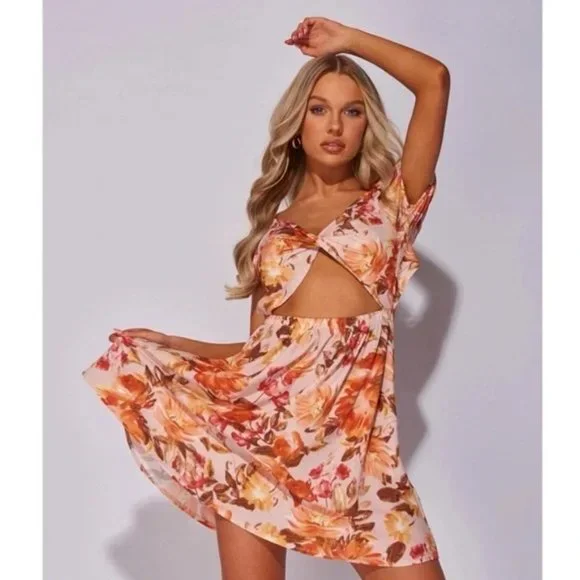 Brown Floral Print Short Sleeve V-Neck Cutout Open Back Mini Dress - Picture 9 of 12